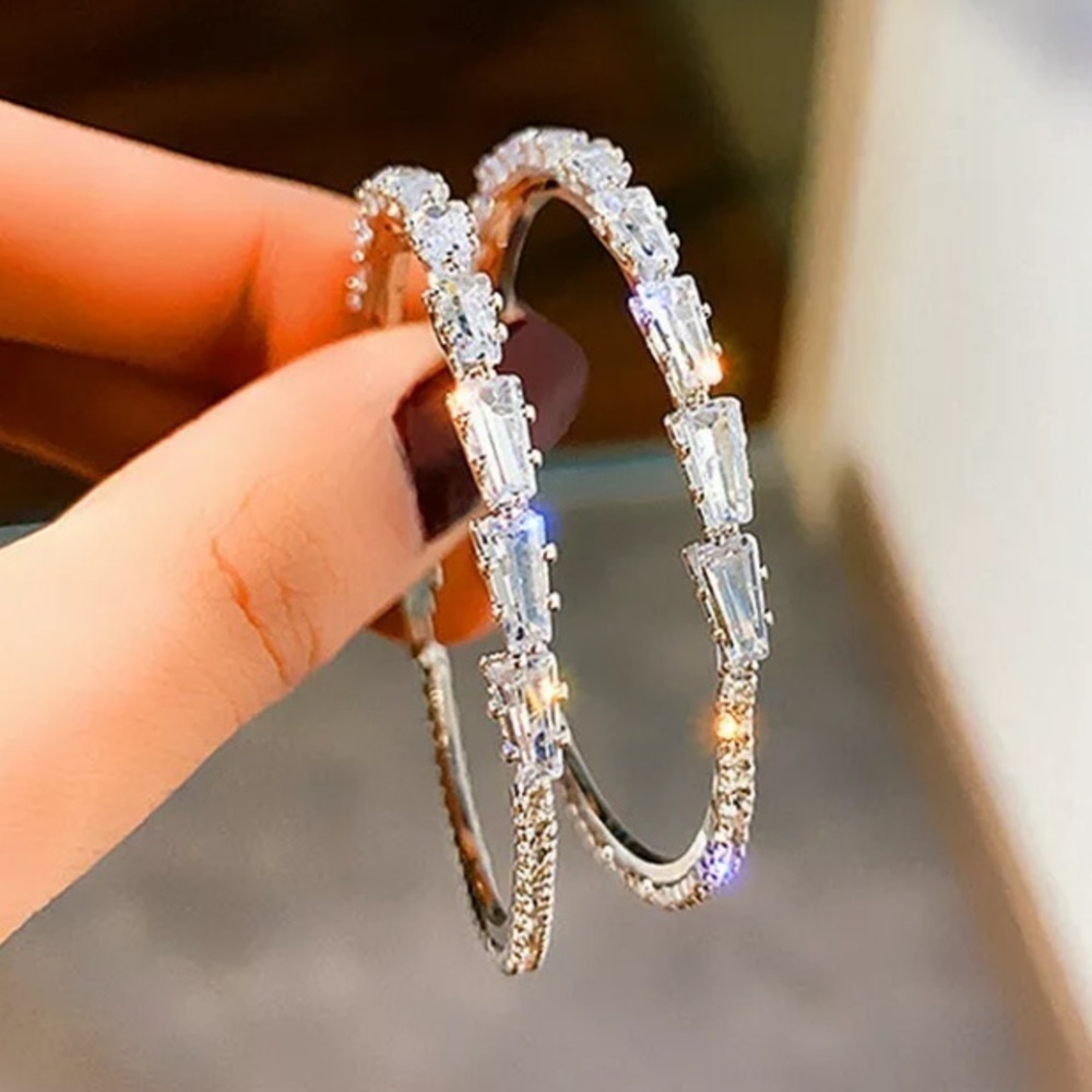 NEW 925 White Sapphire Silver Hoop Earrings